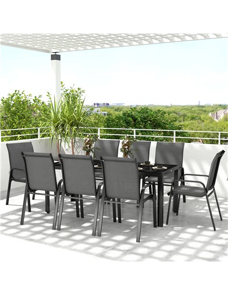Outsunny 8 Seater Garden Dining Set with Stacking Chairs, Rectangular Tempered Glass Top, Garden Furniture Set, Outdoor Dining T - pic 151187 | FastDaddyshop