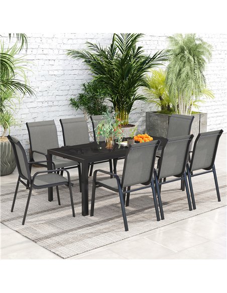 Outsunny 8 Seater Garden Dining Set with Stacking Chairs, Rectangular Tempered Glass Top, Garden Furniture Set, Outdoor Dining T - pic 151188 | FastDaddyshop