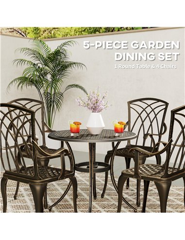 Outsunny 5 Pieces Garden Dining Set for 4, Cast Aluminium Outdoor Dining Set with 4 Armchairs and Round Dining Table with Paraso
