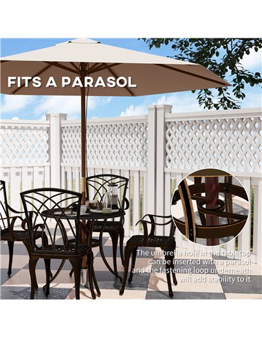 Outsunny 5 Pieces Garden Dining Set for 4, Cast Aluminium Outdoor Dining Set with 4 Armchairs and Round Dining Table with Paraso