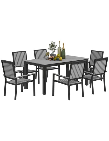 Outsunny 6 Seater Garden Dining Set with Stackable Chairs, Aluminium Frame, Rectangular Plastic Top, Garden Furniture Set, Outdo - pic 151225 | FastDaddyshop