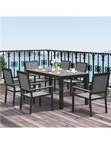 Outsunny 6 Seater Garden Dining Set with Stackable Chairs, Aluminium Frame, Rectangular Plastic Top, Garden Furniture Set, Outdo