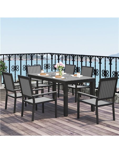Outsunny 6 Seater Garden Dining Set with Stackable Chairs, Aluminium Frame, Rectangular Plastic Top, Garden Furniture Set, Outdo - pic 151226 | FastDaddyshop