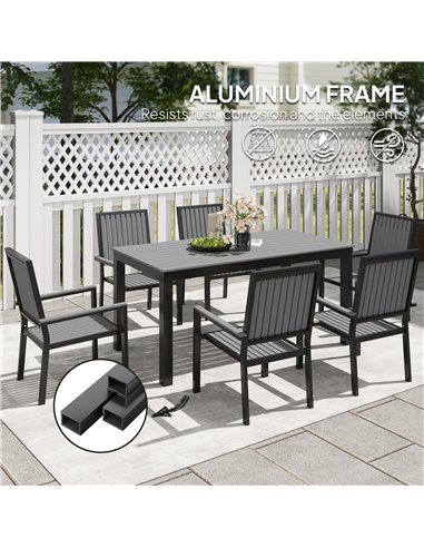 Outsunny 6 Seater Garden Dining Set with Stackable Chairs, Aluminium Frame, Rectangular Plastic Top, Garden Furniture Set, Outdo