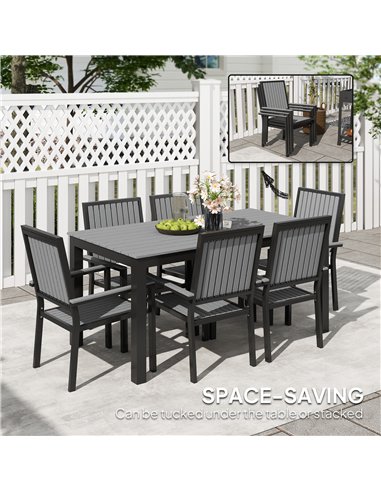 Outsunny 6 Seater Garden Dining Set with Stackable Chairs, Aluminium Frame, Rectangular Plastic Top, Garden Furniture Set, Outdo