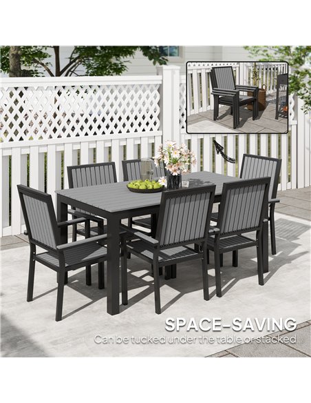 Outsunny 6 Seater Garden Dining Set with Stackable Chairs, Aluminium Frame, Rectangular Plastic Top, Garden Furniture Set, Outdo - pic 151229 | FastDaddyshop