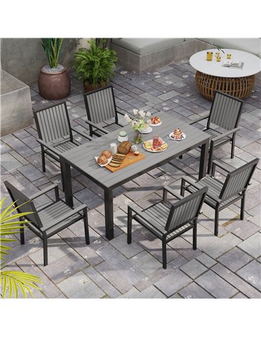 Outsunny 6 Seater Garden Dining Set with Stackable Chairs, Aluminium Frame, Rectangular Plastic Top, Garden Furniture Set, Outdo