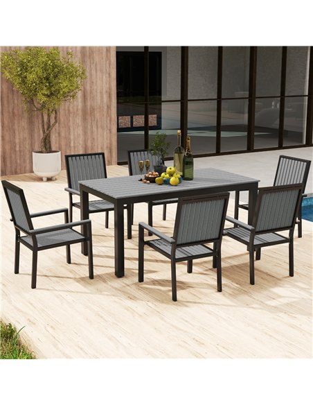 Outsunny 6 Seater Garden Dining Set with Stackable Chairs, Aluminium Frame, Rectangular Plastic Top, Garden Furniture Set, Outdo - pic 151232 | FastDaddyshop