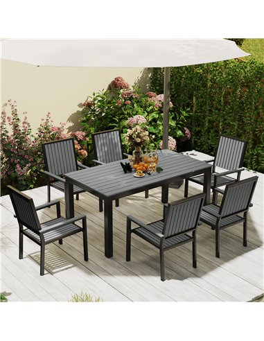 Outsunny 6 Seater Garden Dining Set with Stackable Chairs, Aluminium Frame, Rectangular Plastic Top, Garden Furniture Set, Outdo
