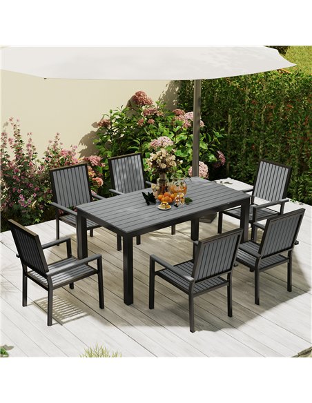 Outsunny 6 Seater Garden Dining Set with Stackable Chairs, Aluminium Frame, Rectangular Plastic Top, Garden Furniture Set, Outdo - pic 151233 | FastDaddyshop