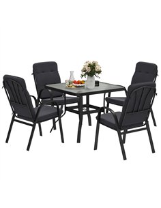 Outsunny 5 Pieces Outdoor Square Garden Dining Set w/ Tempered Glass Dining Table 4 Cushioned Armchairs, Umbrella Hole, Black