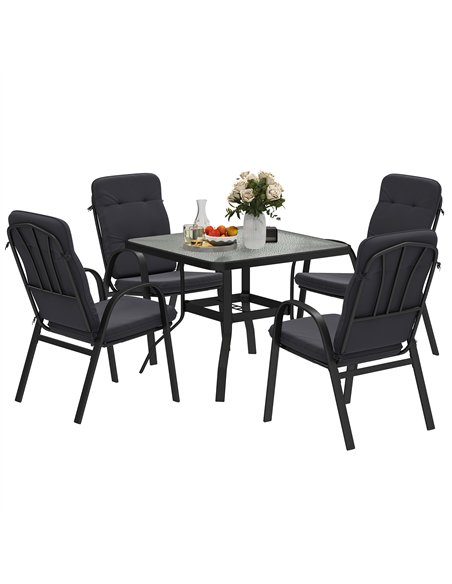 Outsunny 5 Pieces Outdoor Square Garden Dining Set w/ Tempered Glass Dining Table 4 Cushioned Armchairs, Umbrella Hole, Black - pic 151234 | FastDaddyshop