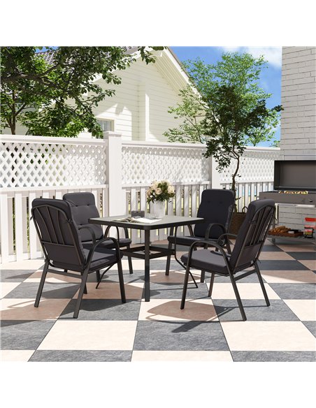 Outsunny 5 Pieces Outdoor Square Garden Dining Set w/ Tempered Glass Dining Table 4 Cushioned Armchairs, Umbrella Hole, Black - pic 151235 | FastDaddyshop