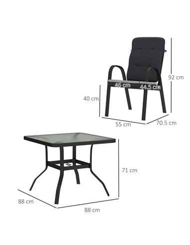Outsunny 5 Pieces Outdoor Square Garden Dining Set w/ Tempered Glass Dining Table 4 Cushioned Armchairs, Umbrella Hole, Black