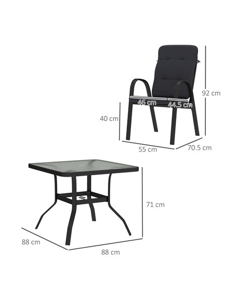 Outsunny 5 Pieces Outdoor Square Garden Dining Set w/ Tempered Glass Dining Table 4 Cushioned Armchairs, Umbrella Hole, Black - pic 151236 | FastDaddyshop