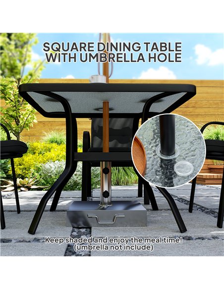 Outsunny 5 Pieces Outdoor Square Garden Dining Set w/ Tempered Glass Dining Table 4 Cushioned Armchairs, Umbrella Hole, Black - pic 151237 | FastDaddyshop