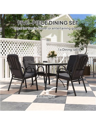 Outsunny 5 Pieces Outdoor Square Garden Dining Set w/ Tempered Glass Dining Table 4 Cushioned Armchairs, Umbrella Hole, Black