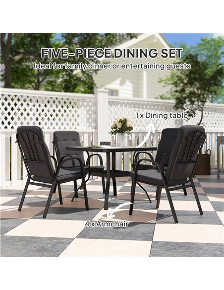 Outsunny 5 Pieces Outdoor Square Garden Dining Set w/ Tempered Glass Dining Table 4 Cushioned Armchairs, Umbrella Hole, Black - pic 151238 | FastDaddyshop