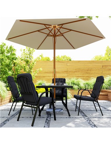 Outsunny 5 Pieces Outdoor Square Garden Dining Set w/ Tempered Glass Dining Table 4 Cushioned Armchairs, Umbrella Hole, Black