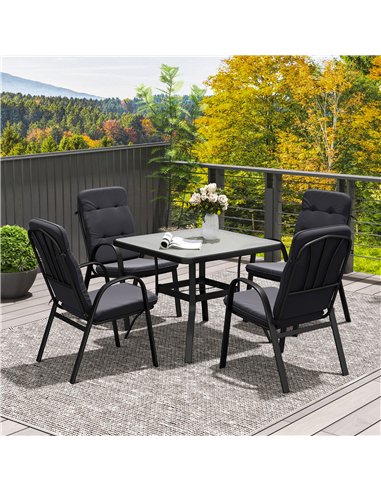 Outsunny 5 Pieces Outdoor Square Garden Dining Set w/ Tempered Glass Dining Table 4 Cushioned Armchairs, Umbrella Hole, Black