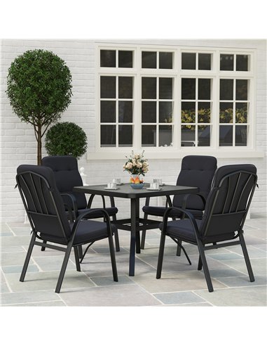 Outsunny 5 Pieces Outdoor Square Garden Dining Set w/ Tempered Glass Dining Table 4 Cushioned Armchairs, Umbrella Hole, Black