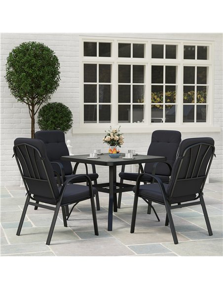 Outsunny 5 Pieces Outdoor Square Garden Dining Set w/ Tempered Glass Dining Table 4 Cushioned Armchairs, Umbrella Hole, Black - pic 151242 | FastDaddyshop