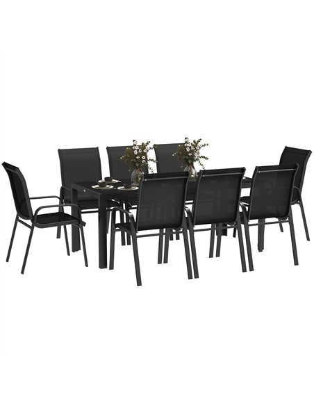 Outsunny 8 Seater Garden Dining Set with Stacking Chairs, Rectangular Tempered Glass Top, Garden Furniture Set, Outdoor Dining T - pic 151243 | FastDaddyshop