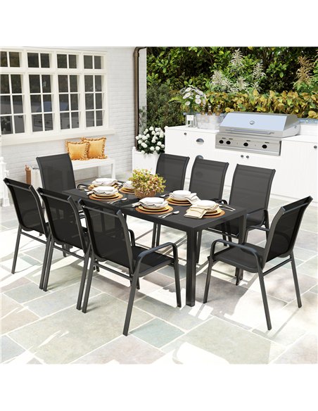Outsunny 8 Seater Garden Dining Set with Stacking Chairs, Rectangular Tempered Glass Top, Garden Furniture Set, Outdoor Dining T - pic 151244 | FastDaddyshop