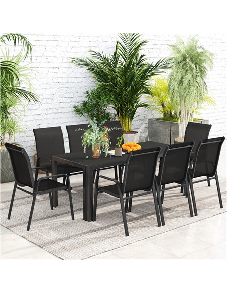 Outsunny 8 Seater Garden Dining Set with Stacking Chairs, Rectangular Tempered Glass Top, Garden Furniture Set, Outdoor Dining T - pic 151249 | FastDaddyshop