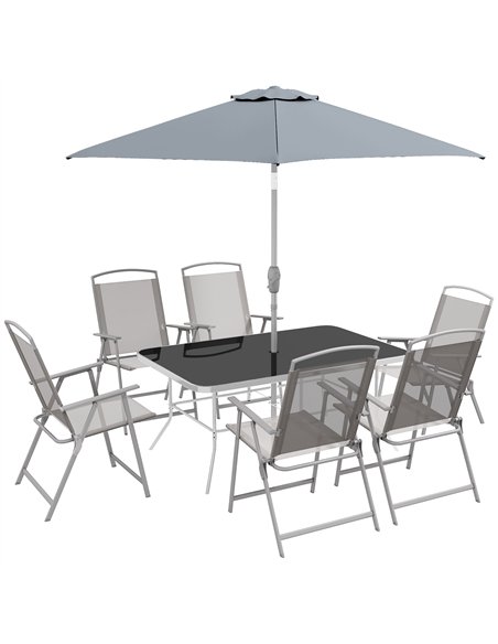 Outsunny Eight-Piece Garden Dining Set, with Chairs, Table and Parasol - Grey - pic 151279 | FastDaddyshop