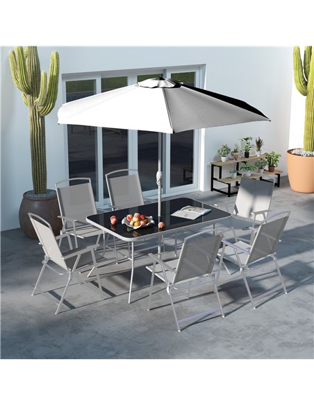 Outsunny Eight-Piece Garden Dining Set, with Chairs, Table and Parasol - Grey - pic 151280 | FastDaddyshop
