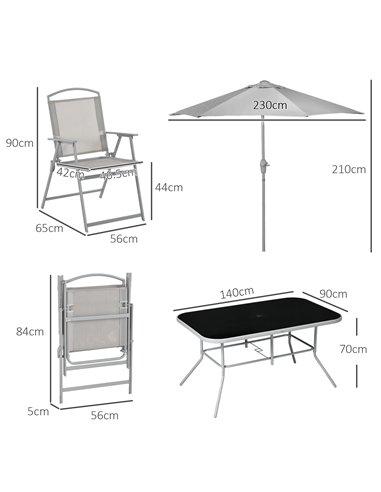 Outsunny Eight-Piece Garden Dining Set, with Chairs, Table and Parasol - Grey