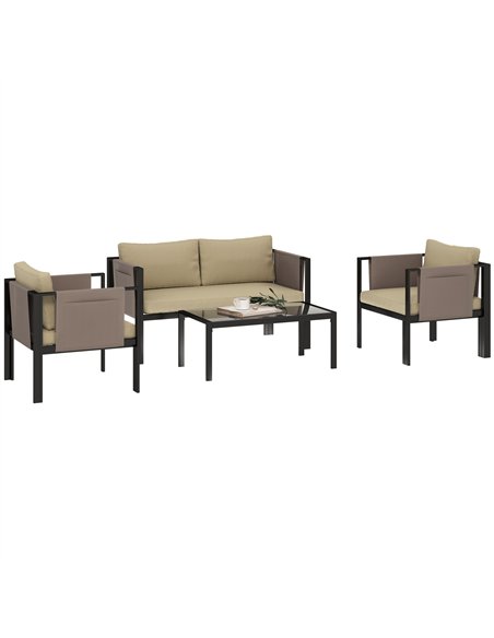 Outsunny 4 Piece Metal Garden Furniture Set with Tempered Glass Coffee Table, Texteline Pocket, Outdoor Set Loveseat Single Armc - pic 151288 | FastDaddyshop