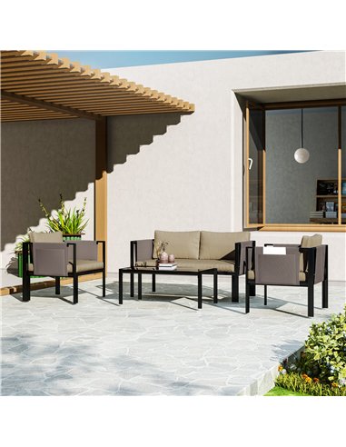 Outsunny 4 Piece Metal Garden Furniture Set with Tempered Glass Coffee Table, Texteline Pocket, Outdoor Set Loveseat Single Armc