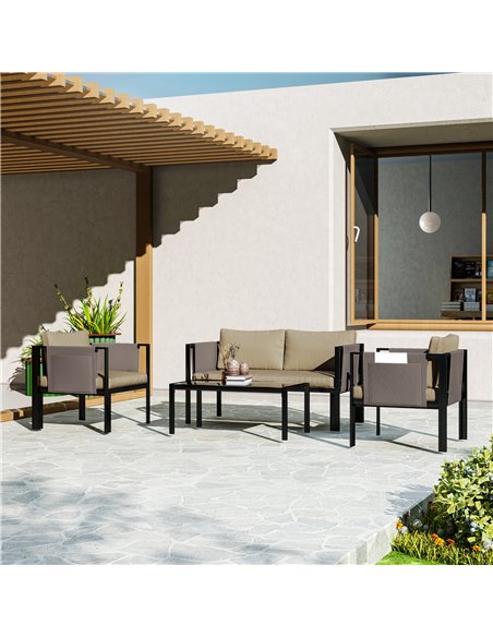 Outsunny 4 Piece Metal Garden Furniture Set with Tempered Glass Coffee Table, Texteline Pocket, Outdoor Set Loveseat Single Armc - pic 151289 | FastDaddyshop