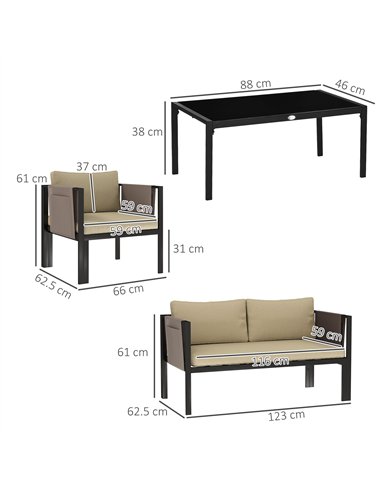 Outsunny 4 Piece Metal Garden Furniture Set with Tempered Glass Coffee Table, Texteline Pocket, Outdoor Set Loveseat Single Armc