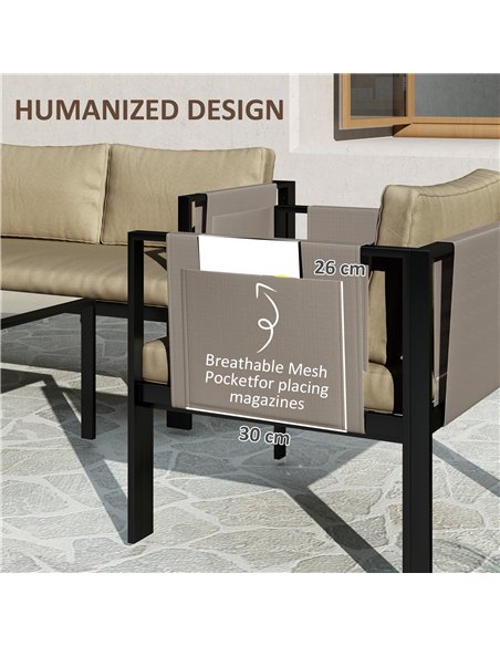 Outsunny 4 Piece Metal Garden Furniture Set with Tempered Glass Coffee Table, Texteline Pocket, Outdoor Set Loveseat Single Armc - pic 151291 | FastDaddyshop