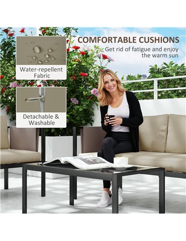Outsunny 4 Piece Metal Garden Furniture Set with Tempered Glass Coffee Table, Texteline Pocket, Outdoor Set Loveseat Single Armc