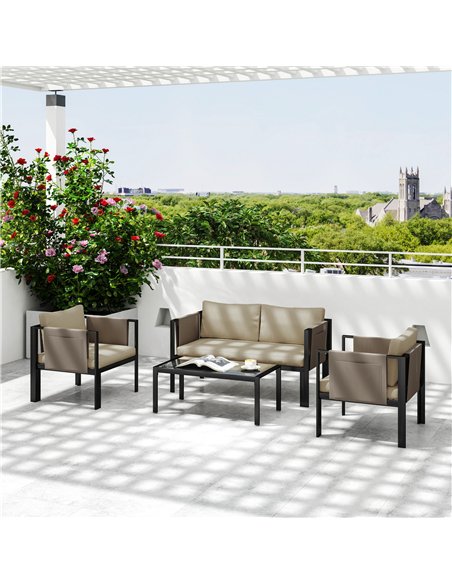 Outsunny 4 Piece Metal Garden Furniture Set with Tempered Glass Coffee Table, Texteline Pocket, Outdoor Set Loveseat Single Armc - pic 151295 | FastDaddyshop