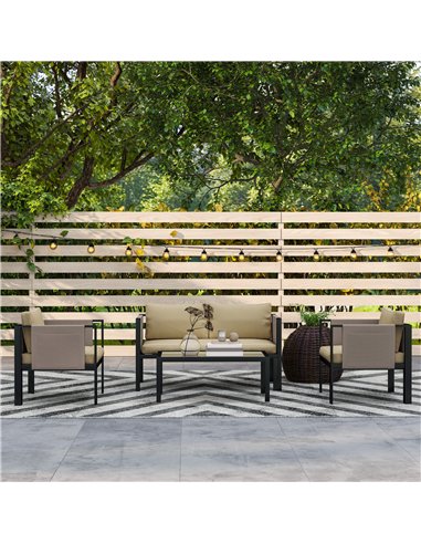 Outsunny 4 Piece Metal Garden Furniture Set with Tempered Glass Coffee Table, Texteline Pocket, Outdoor Set Loveseat Single Armc