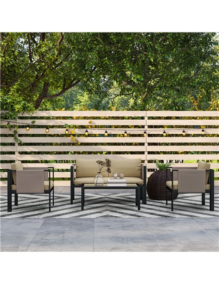 Outsunny 4 Piece Metal Garden Furniture Set with Tempered Glass Coffee Table, Texteline Pocket, Outdoor Set Loveseat Single Armc - pic 151296 | FastDaddyshop