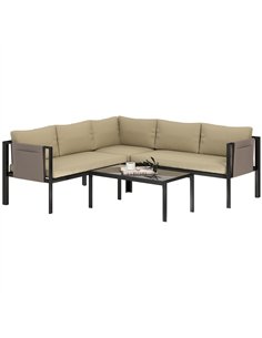 Outsunny 5 Seater Garden Corner Sofa Set, 4 Pieces Metal Garden Furniture Set with Loveseats, Glass Top Coffee Table, Breathable