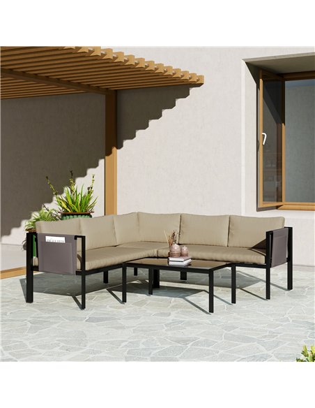 Outsunny 5 Seater Garden Corner Sofa Set, 4 Pieces Metal Garden Furniture Set with Loveseats, Glass Top Coffee Table, Breathable - pic 151298 | FastDaddyshop