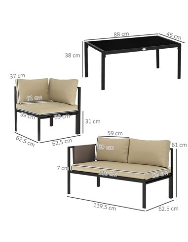 Outsunny 5 Seater Garden Corner Sofa Set, 4 Pieces Metal Garden Furniture Set with Loveseats, Glass Top Coffee Table, Breathable