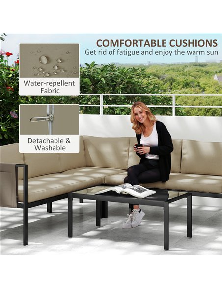 Outsunny 5 Seater Garden Corner Sofa Set, 4 Pieces Metal Garden Furniture Set with Loveseats, Glass Top Coffee Table, Breathable - pic 151302 | FastDaddyshop