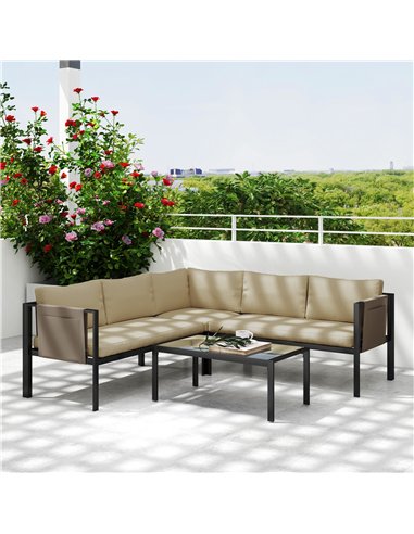Outsunny 5 Seater Garden Corner Sofa Set, 4 Pieces Metal Garden Furniture Set with Loveseats, Glass Top Coffee Table, Breathable