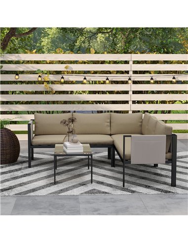 Outsunny 5 Seater Garden Corner Sofa Set, 4 Pieces Metal Garden Furniture Set with Loveseats, Glass Top Coffee Table, Breathable