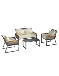 Outsunny Four Piece Wicker Rope Garden Furniture Set with Glass Top Coffee Table - Grey