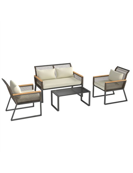 Outsunny Four Piece Wicker Rope Garden Furniture Set with Glass Top Coffee Table - Grey - pic 151333 | FastDaddyshop