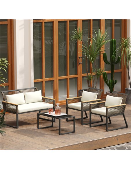 Outsunny Four Piece Wicker Rope Garden Furniture Set with Glass Top Coffee Table - Grey - pic 151334 | FastDaddyshop